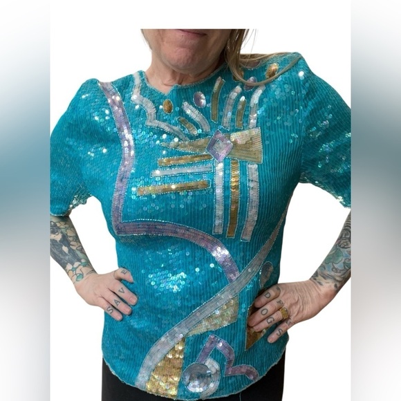 Pantagis Aqua abstract Vintage 70s/80s beaded silk sequin blouse-XL - Picture 3 of 9